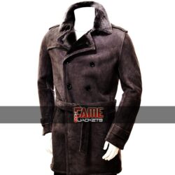 Men Shearling Brown Suede Trench Over Coat