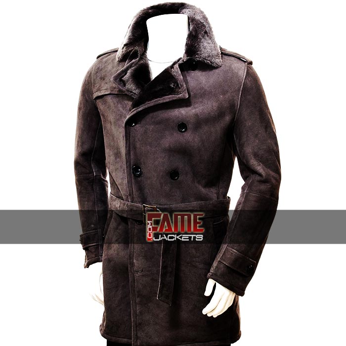 Men Shearling Brown Suede Trench Over Coat
