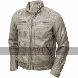 Men Grey Vintage Distressed Genuine Biker Leather Jacket