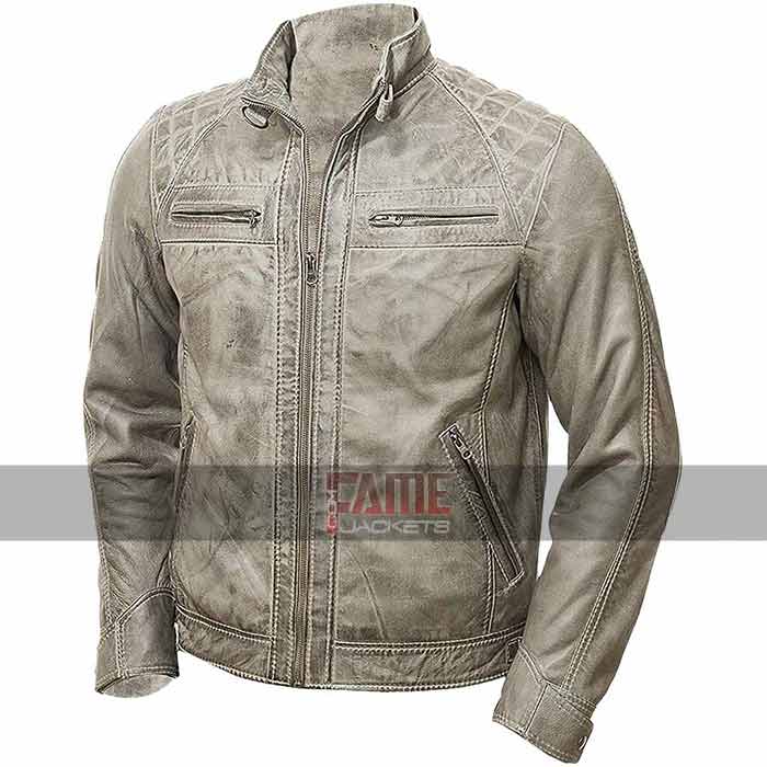 Men Grey Vintage Distressed Genuine Biker Leather Jacket