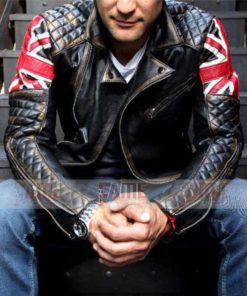 Alternative view of Mens Union Jack UK Flag Quilted Vintage Cafe Racer Leather Jacket
