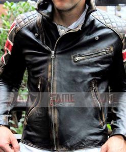 Mens Union Jack UK Flag Quilted Vintage Cafe Racer Leather Jacket