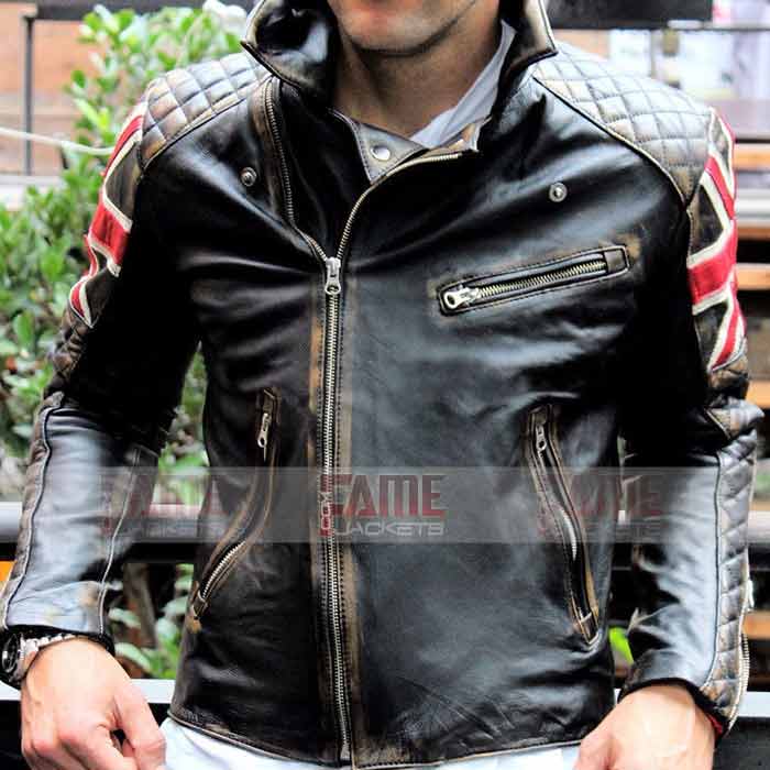 Mens Union Jack UK Flag Quilted Vintage Cafe Racer Leather Jacket