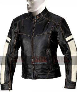 Mens Black And White Slim Fit Real Distressed Leather Jacket