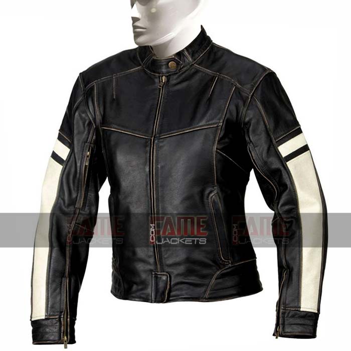 Mens Black And White Slim Fit Real Distressed Leather Jacket