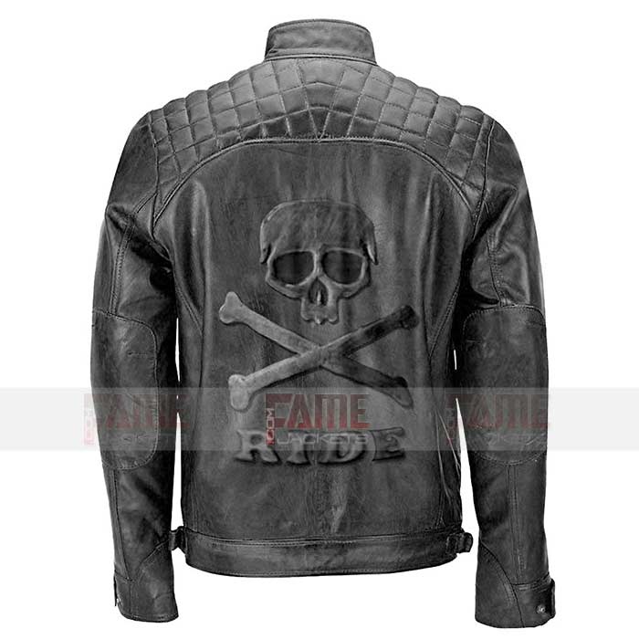 Mens Black Quilted Vintage Biker Leather Jacket With Skull