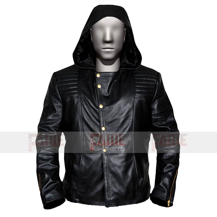 Mens Black Brando Leather Motorcycle Hoodie Jacket