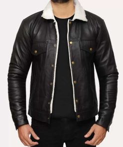 Black Shearling Leather Trucker Jacket For Men