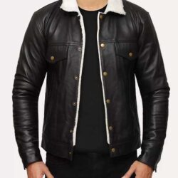Black Shearling Leather Trucker Jacket For Men