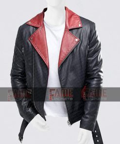 Alternative view of Mens Black With Red Leather Lapel Collar Slim Fit Motorcycle Jacket