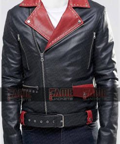 Mens Black With Red Leather Lapel Collar Slim Fit Motorcycle Jacket