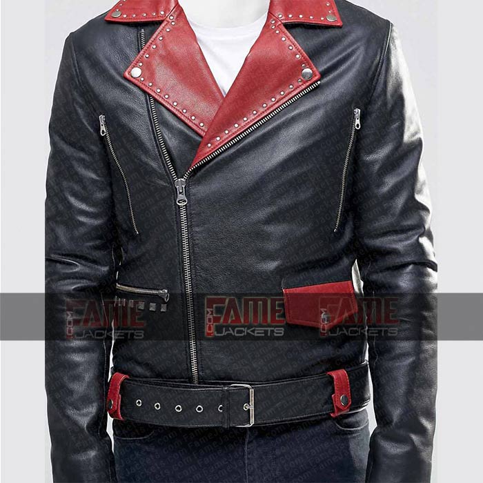 Mens Black With Red Leather Lapel Collar Slim Fit Motorcycle Jacket