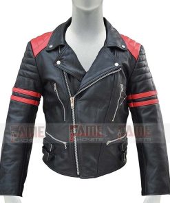 Men's Moto Retro Black with Red Strips Leather Jacket