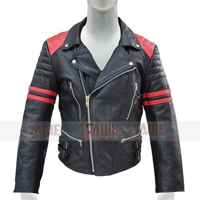 Men's Moto Retro Black with Red Strips Leather Jacket