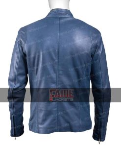 Alternative view of Mens Cafe Racer Blue Real Leather Motorcycle Slim Fit Jacket