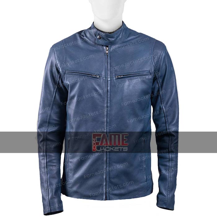 Mens Cafe Racer Blue Real Leather Motorcycle Slim Fit Jacket