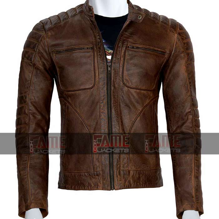 Mens Cafe Racer Distressed Brown Leather Motorcycle Jacket
