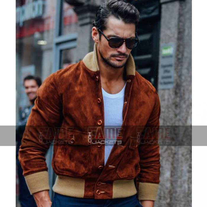 Mens Casual Brown Suede Leather Bomber Jacket