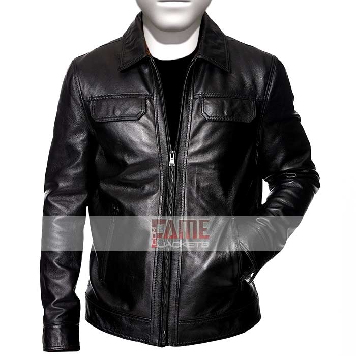 Men's Black Shirt Style Collar Leather Jacket