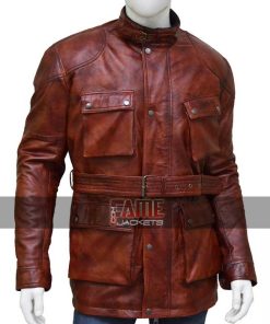 Men's Casual Vintage Brown Genuine Leather Belted Waist Long Jacket