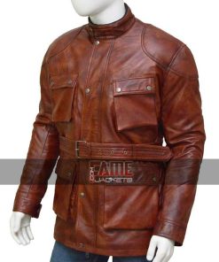 Alternative view of Men's Casual Vintage Brown Genuine Leather Belted Waist Long Jacket