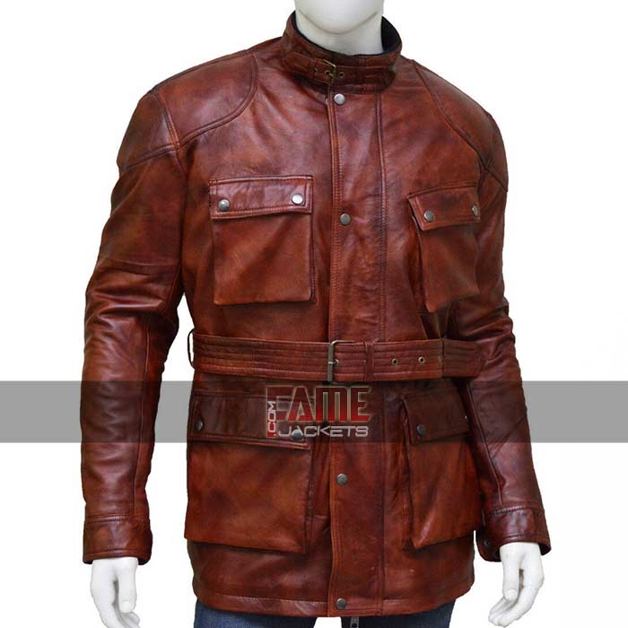 Men's Casual Vintage Brown Genuine Leather Belted Waist Long Jacket