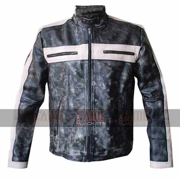 Mens Designer Distressed Grey Motorcycle Leather Jacket