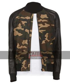 Mens Khaki Military Style Bomber Leather Jacket