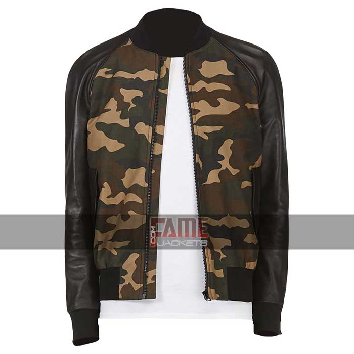 Mens Khaki Military Style Bomber Leather Jacket