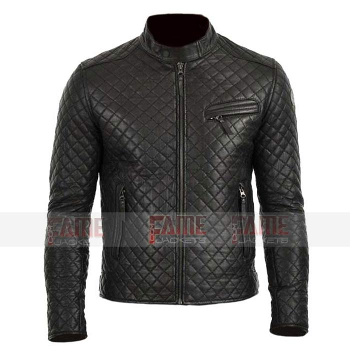 Mens Quilt Genuine Black Sheepskin Slim Fit Leather Jacket
