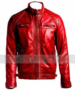 Mens Quilted Cafe Racer Red Leather Motorcycle Jacket