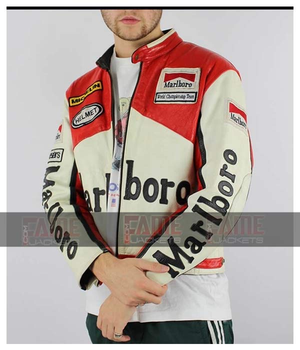 Mens Racing Leather Jacket With Malboro Patches