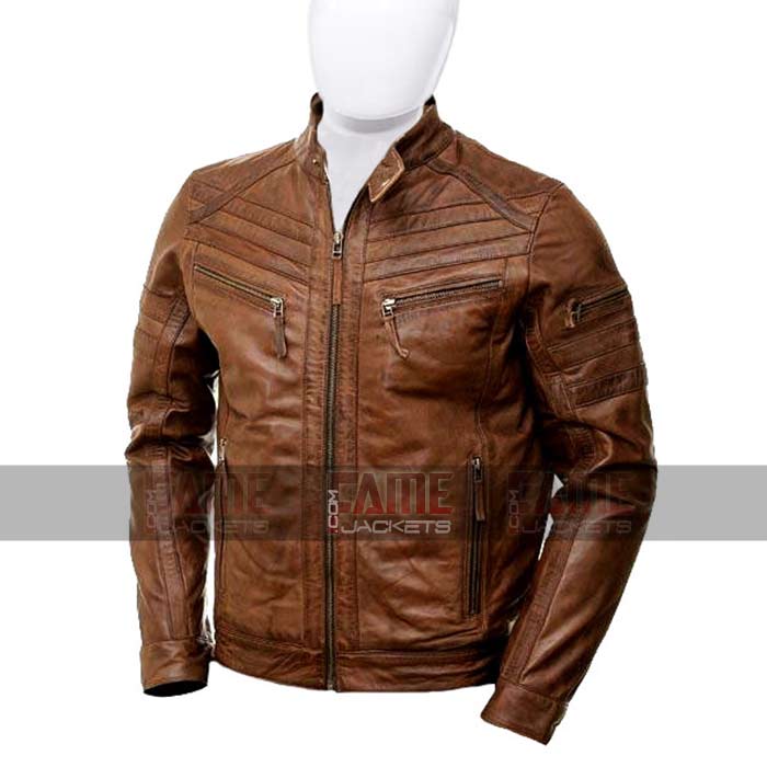 Mens Real Brown Leather Moto Biker Jacket