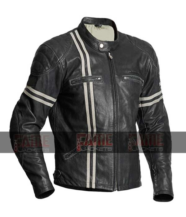 Mens Retro Biker Leather Jacket in Real Black Buffalo Leather