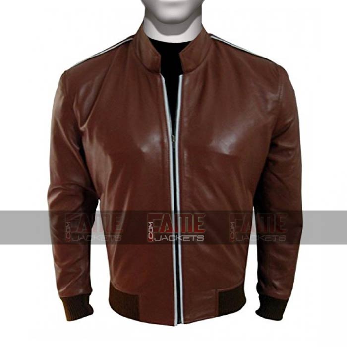 Mens Slim Fit Brown Sheepskin Leather Bomber Jacket