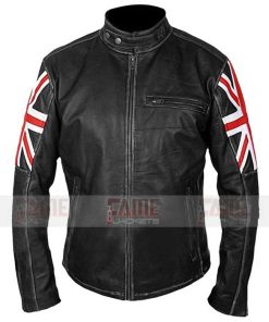 British Flag Union Jack Black Distressed Leather Biker Jacket