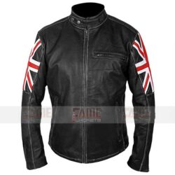 British Flag Union Jack Black Distressed Leather Biker Jacket