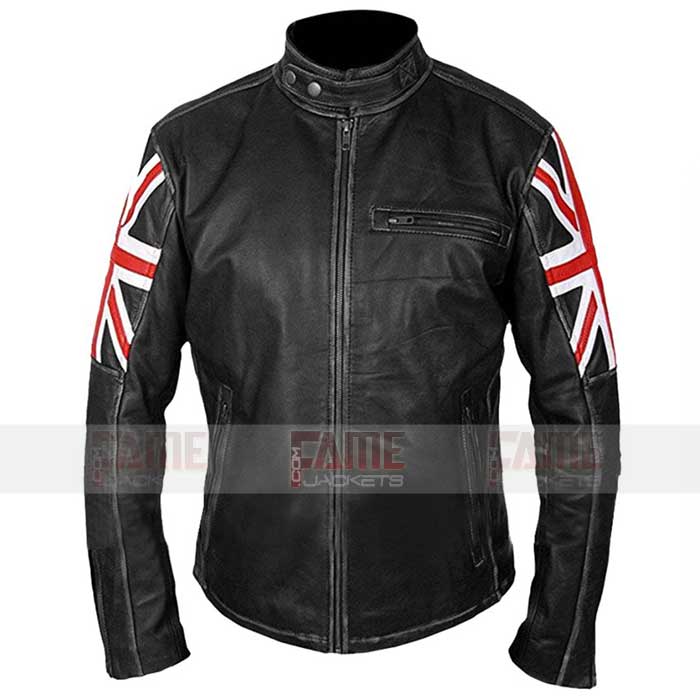 British Flag Union Jack Black Distressed Leather Biker Jacket