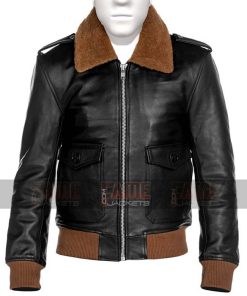 Mens Vintage Black Faux Fur Collar Slim Fit Leather Jacket