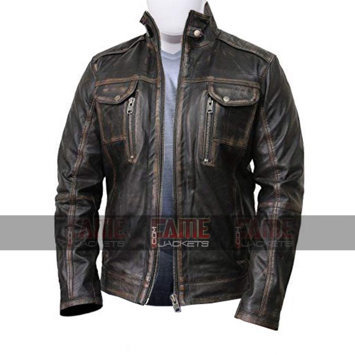 Mens Vintage Cafe Racer Distressed Biker Jacket