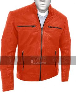 Mens Vintage Cafe Racer Orange Motorcycle Leather Jacket