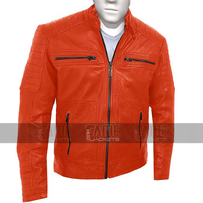 Mens Vintage Cafe Racer Orange Motorcycle Leather Jacket