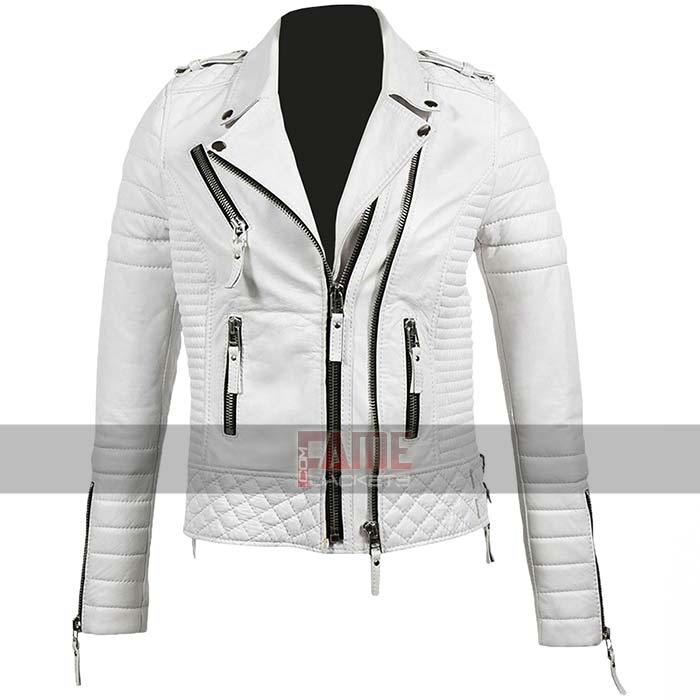 Unisex Casual White Biker Slim Fit Genuine Leather Jacket