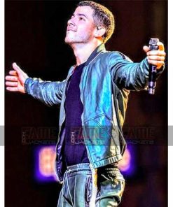 Nick Jonas Mens Green Leather Bomber Jacket