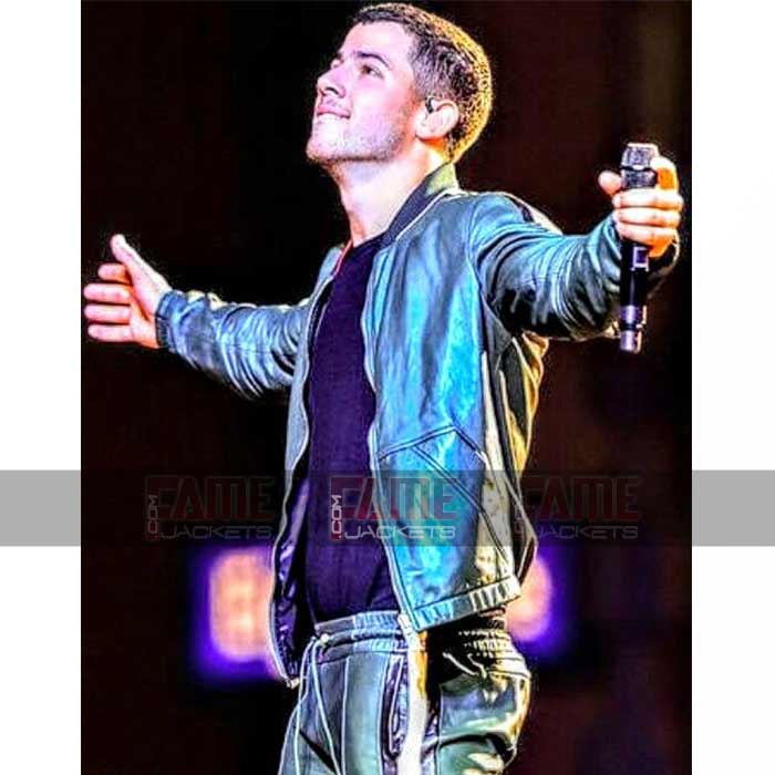 Nick Jonas Mens Green Leather Bomber Jacket