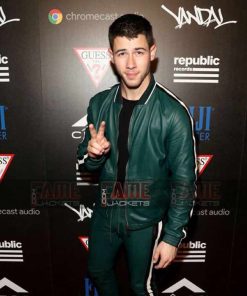 Alternative view of Nick Jonas Mens Green Leather Bomber Jacket