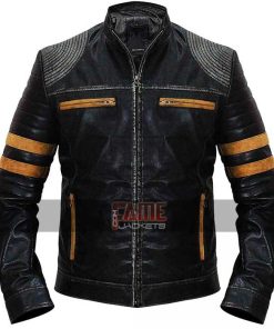 Men Black Retro Cafe Racer Biker Quilted Genuine Leather Jacket
