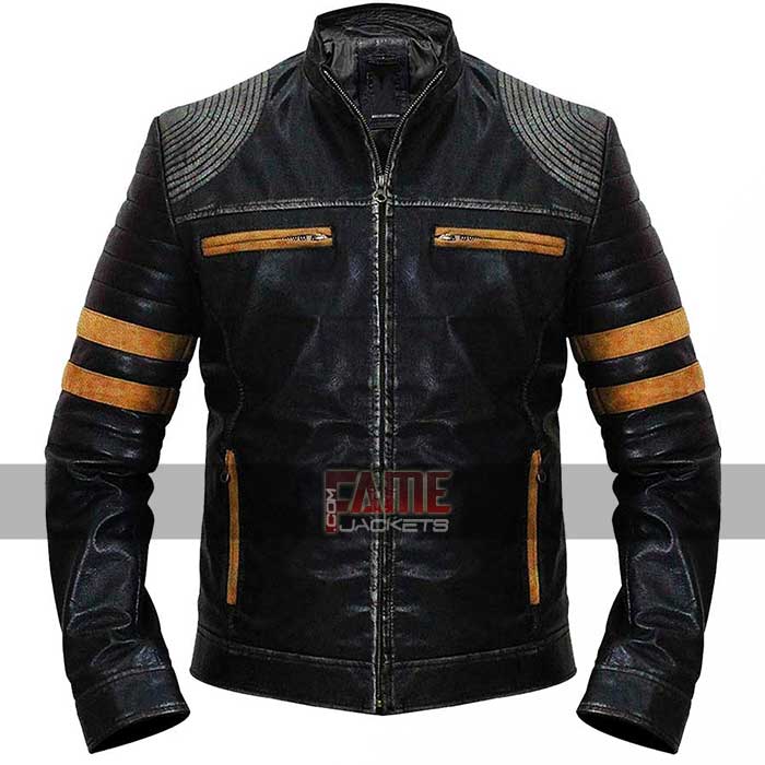 Men Black Retro Cafe Racer Biker Quilted Genuine Leather Jacket
