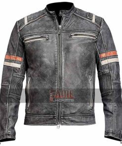 Men Retro Moto Vintage Distressed Cafe Racer Biker Leather Jacket