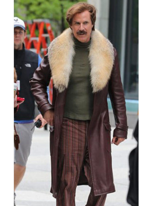 Anchorman 2 Will Ferrell Fur Collar Men Winter Leather Coat